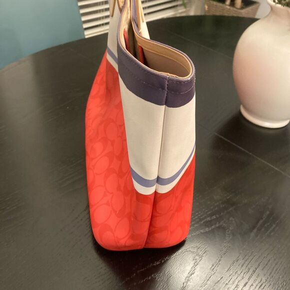 Coach Monogram Red White Striped Canvas Lightweight Top Handle Tote Weekend Bag - Picture 10 of 10